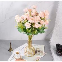 歐式新款淡色9頭富貴角玫瑰仿真花束婚慶禮攝影塑料假花裝飾擺件