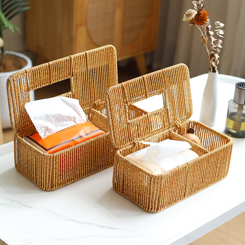 Caja de pañuelos de papel simple japonesa, caja de almacenamiento de pañuelos de ratán, mesa de centro de sala de estar para el hogar tejida a mano, caja de dibujo para coche