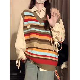 早秋新款撞色条纹针织衫外搭马甲背心女小众百搭设计感上衣