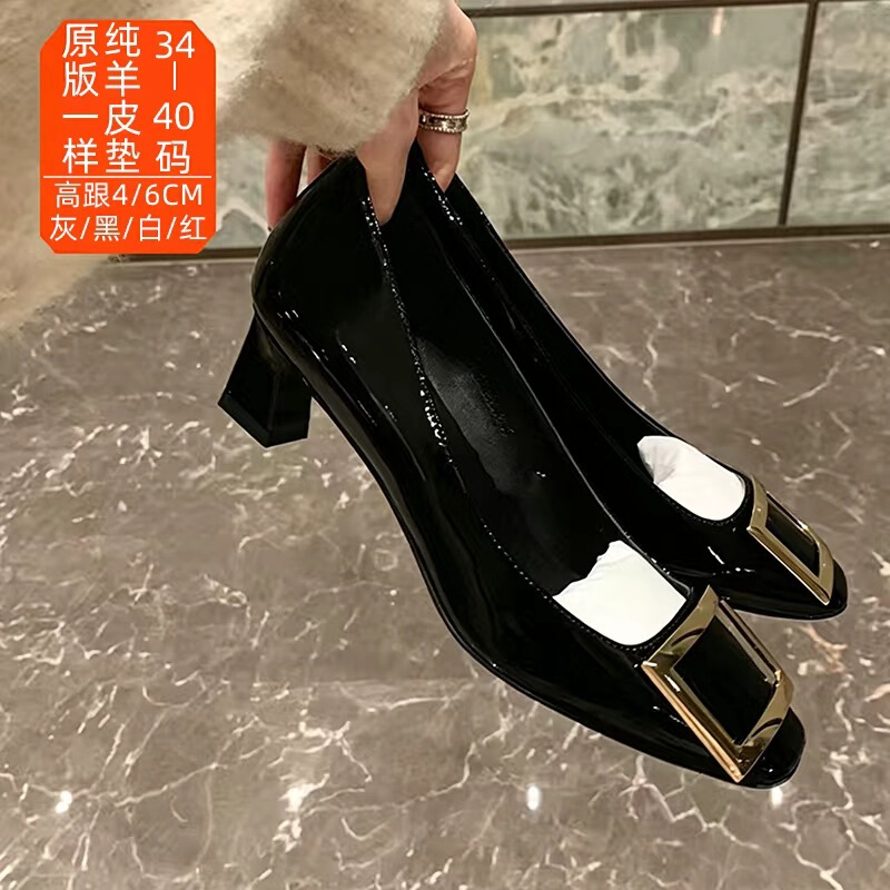 Rv Square Buckle Women's Mid-Heel Shoes 2025 Spring/Summer French Retro Shallow Square Toe Gray Commuter High-Heeled Bridesmaid Slip-On Shoes