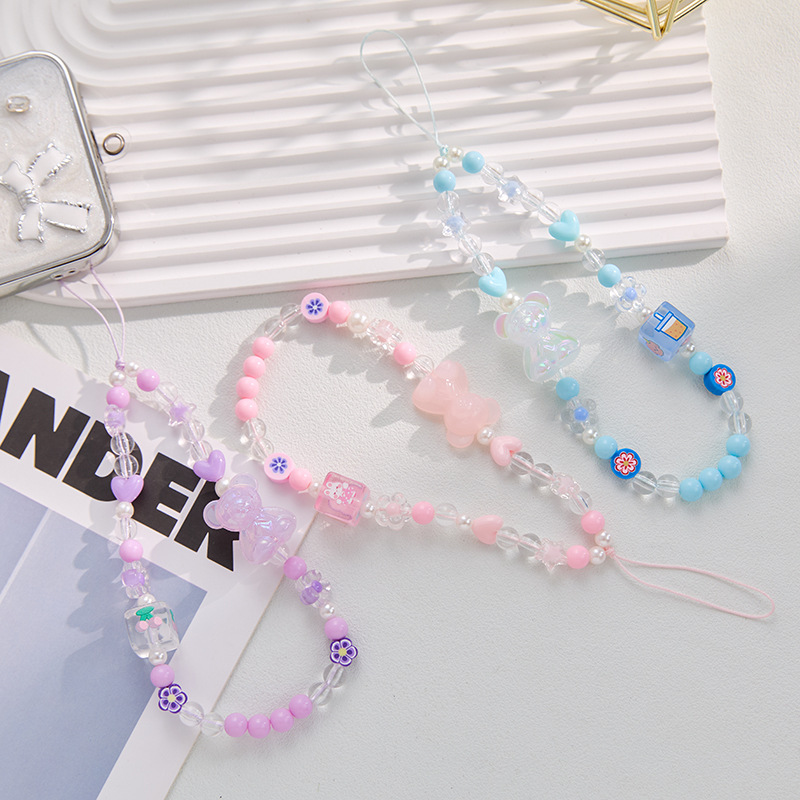 Mobile Phone Lanyard Handmade Beaded Bear Pendant Crystal Beads Bow Pendant Anti-Lost Lanyard Women's Wrist Chain
