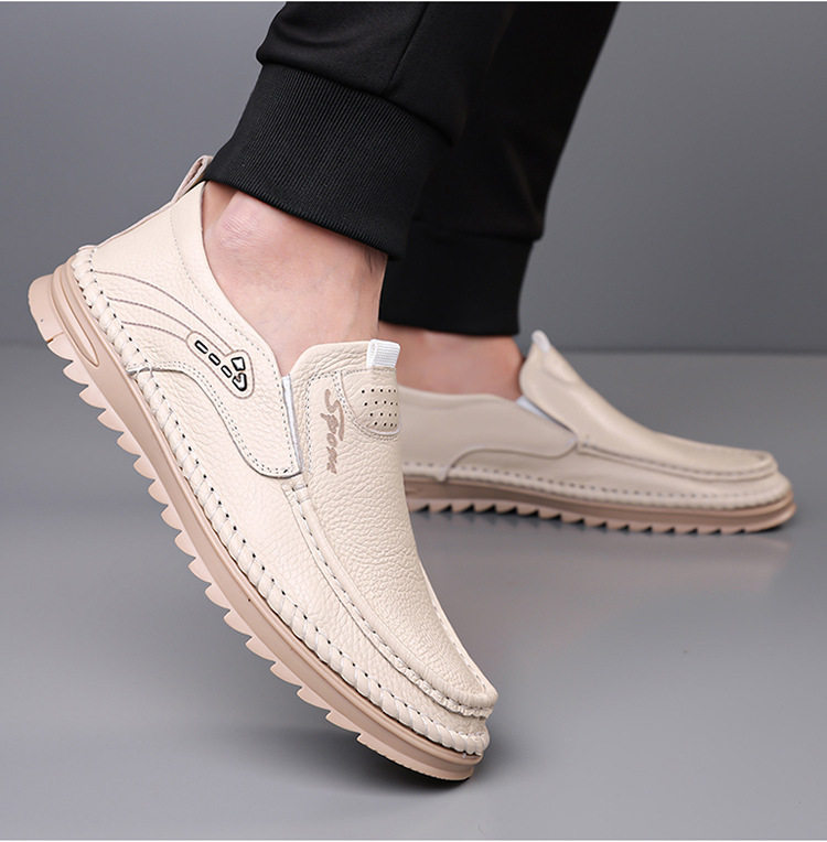 Giày lười nam da bò lớp đầu cỡ lớn, mũi tròn, đế bằng, phong cách casual — Màu nâu, Màu trắng ngà, màu đen chi tiết 20