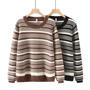 plus size Women's Korean-style Thickened Colorblock Striped Autumn and Winter Sweater Chubby Girl Slimming Round Neck Sweater R5128