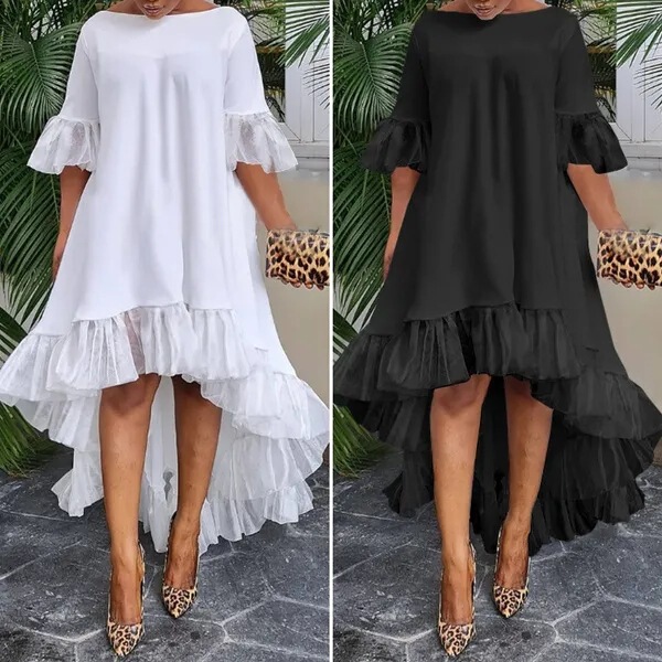 Amazon Unique European and American Women's 3-point Sleeve Irregular Hem Holiday Party Dress Lace Stitching Dress