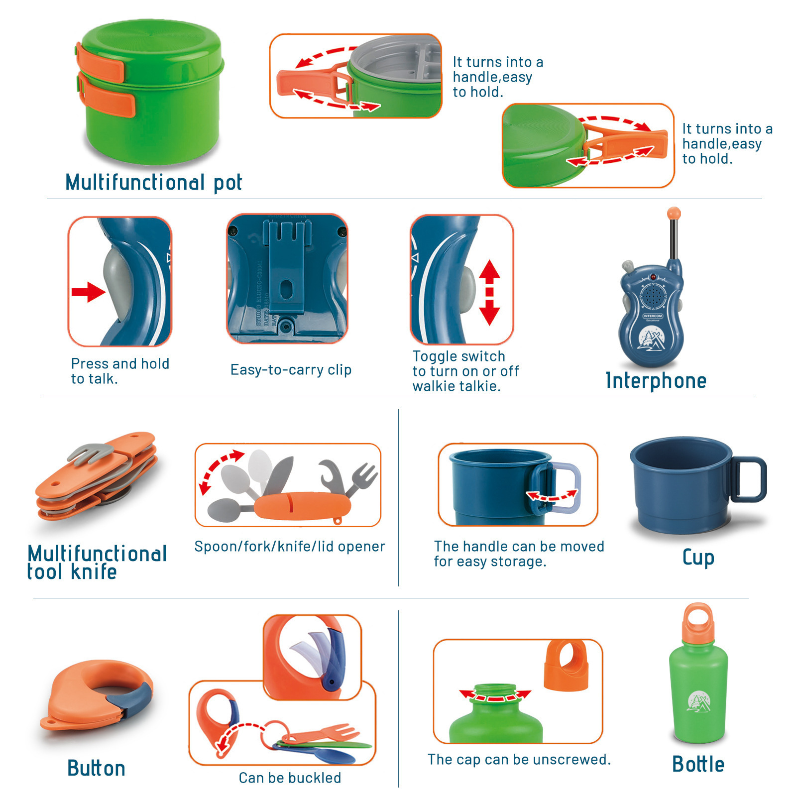 Juego de vajilla educativa para niños, para camping, picnic, con walkie-talkies, utensilios de cocina, para jugar al aire libre.