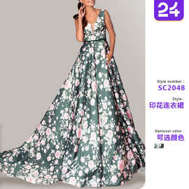 2026跨境夏季新款欧美女装时尚优雅连衣裙波西米亚风印花大摆长裙