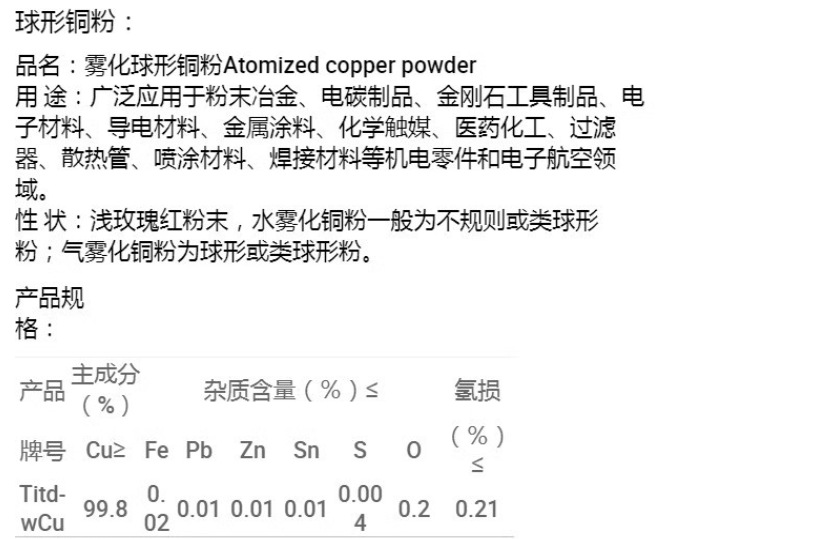 球形铜粉参数