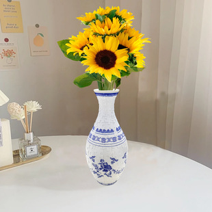 Light Luxury High-grade Sense Vase Jigsaw Flower-arranging Ceramic Living Room Ornaments Blue and White Porcelain Blue and White New Chinese Style Decorations Cross-border
