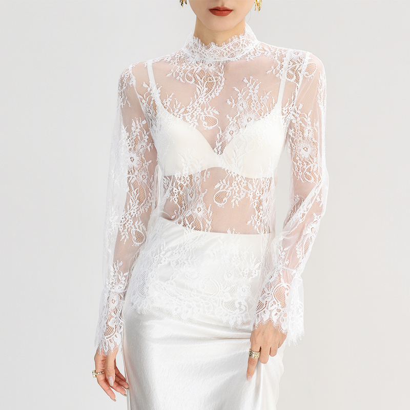 Half Turtleneck White Lace Mesh Bottoming Shirt with Special Lace Transparent Coat for Women with a Light Luxury Feel