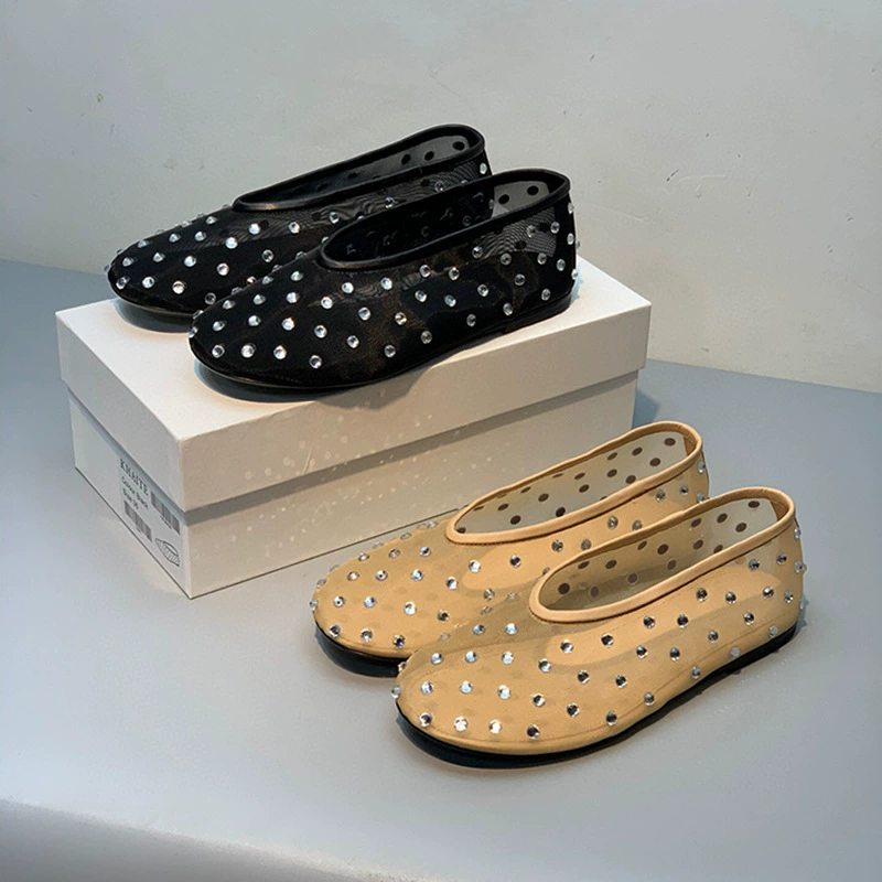 Овчинка из сетчатой пряжи Mary Jen Ballet Shoes Женские 2024 Летние новые европейские и американские круглые туфли с плоской подошвы