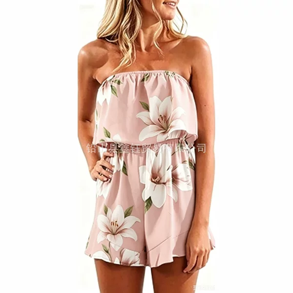 3D Cross-Border Amazon Strapless Printed Jumpsuit Summer Resort Style Waist-Cinching Wide-Leg Floral Jumpsuit Shorts