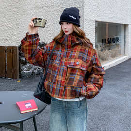 红色复古仿兔毛内胆格纹派克服女2025冬季小个子保暖厚实短款棉服