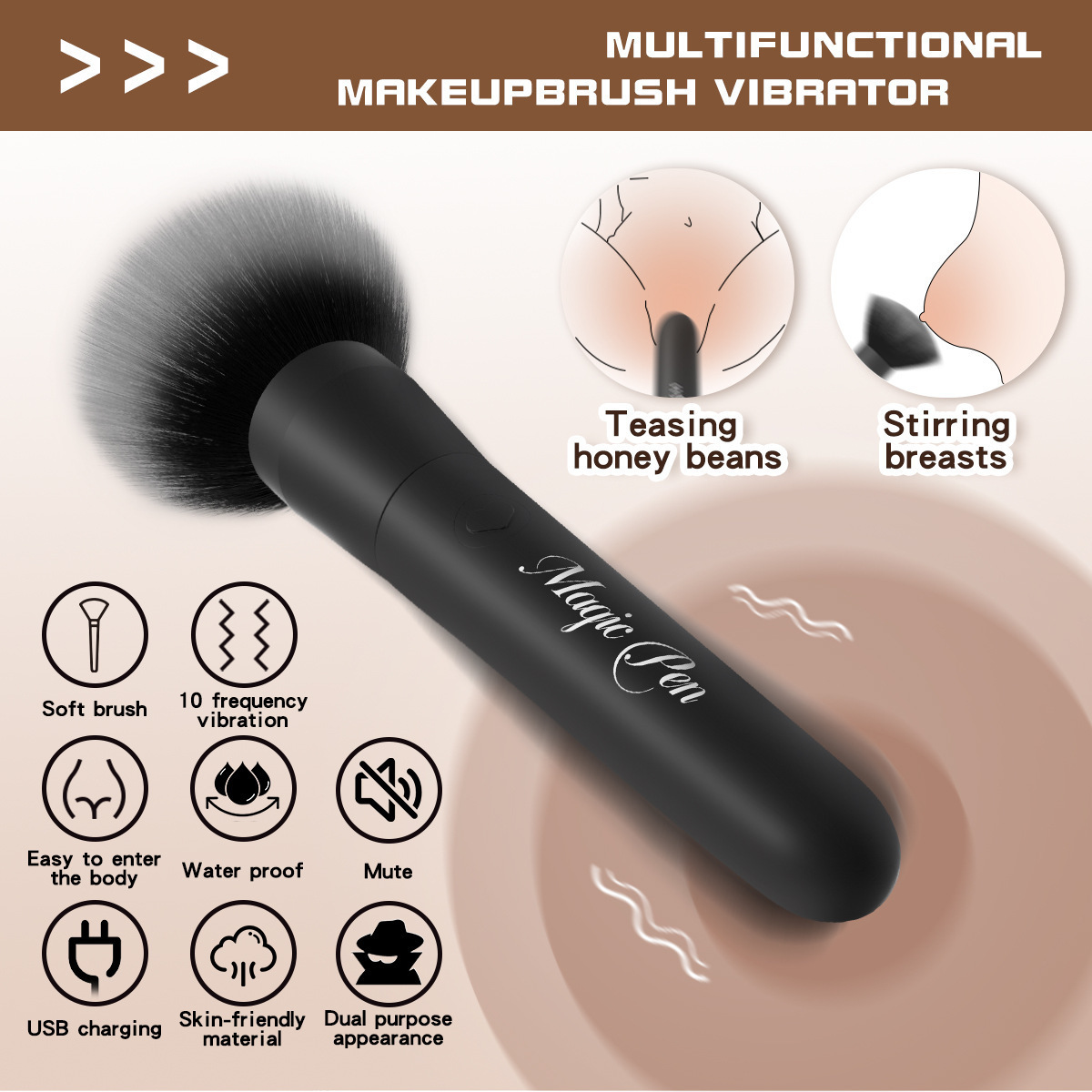 USB Rechargeable Vibrating Foundation Brush Wand, 10 Frequencies, ABS Body, Under 50 dB — detail image 2