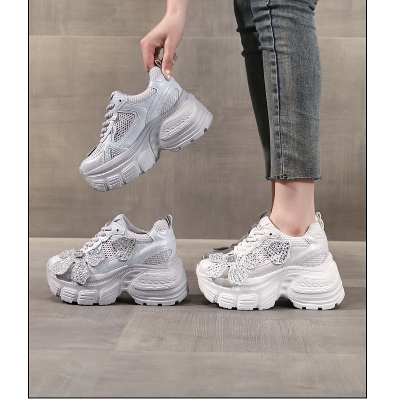 Giày sneaker chunky đế dày tăng chiều cao đính đá cho nữ — Màu trắng chi tiết 17
