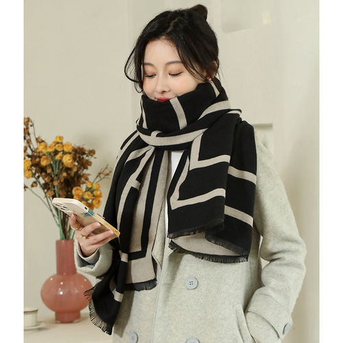 Minimalist OM scarf for women, Korean style geometric faux fur autumn winter warm scarf, fashionable versatile long length trendy shawl