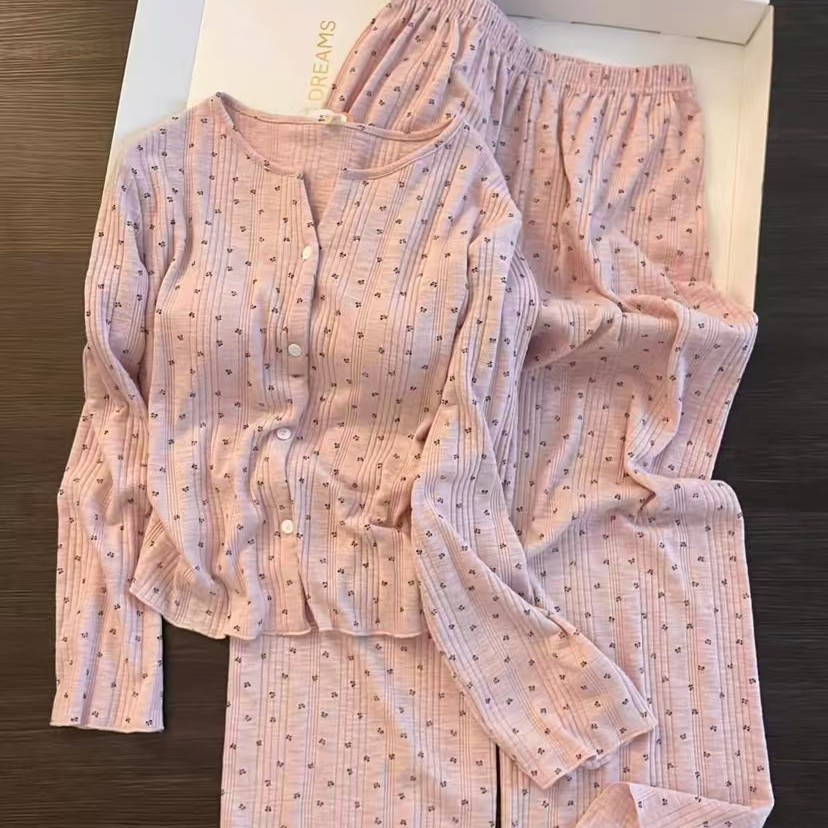 Korean-Style Sweet Floral Cotton Gauze Pink Pajamas for Women, Autumn 2025 New Casual Home Wear with Chest Pads, Two-Piece Set