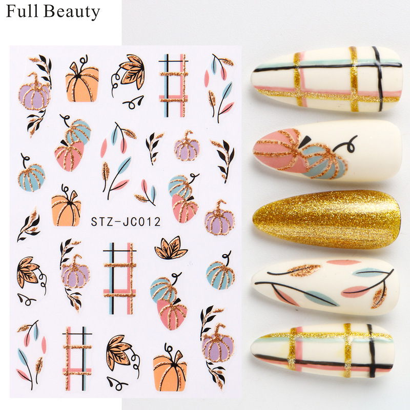 Full Beauty Cross-Border New Halloween Gold Edge Pumpkin Nail Art Stickers Autum Plaid Colorful Nail Stickers