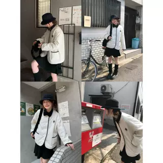 撞色翻领小熊刺绣棉服女秋冬2026新款宽松显瘦薄款外套