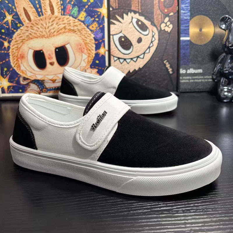 港风时尚透气百搭黑白拼色一脚蹬魔术贴低帮男鞋学生帆布板鞋现货