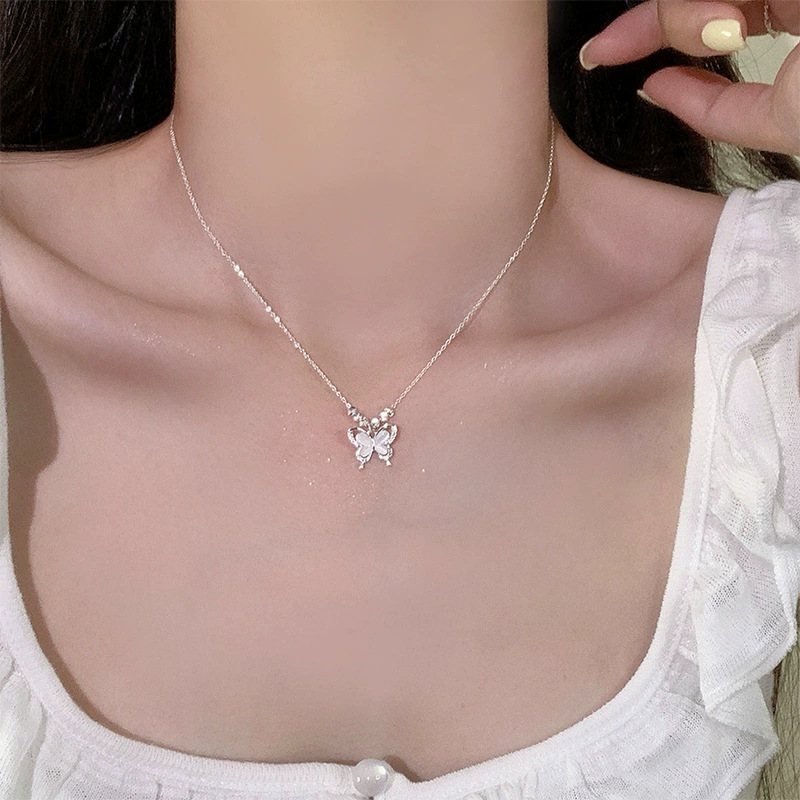 Cat's Eye Stone Butterfly Necklace For Women S925 Sterling Silver Fresh Forest Style Sweet Niche Design Light Luxury_voghion.com