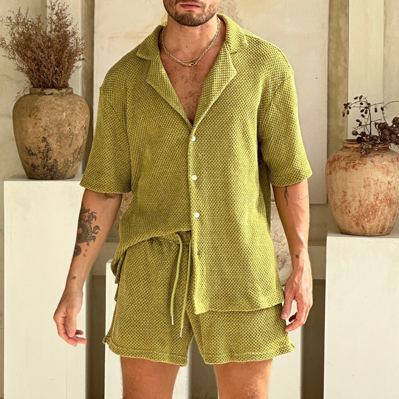 2024 New Fashion Solid Color Short Sleeve Collar Button Top Casual Strap Shorts Men's Set_voghion.com