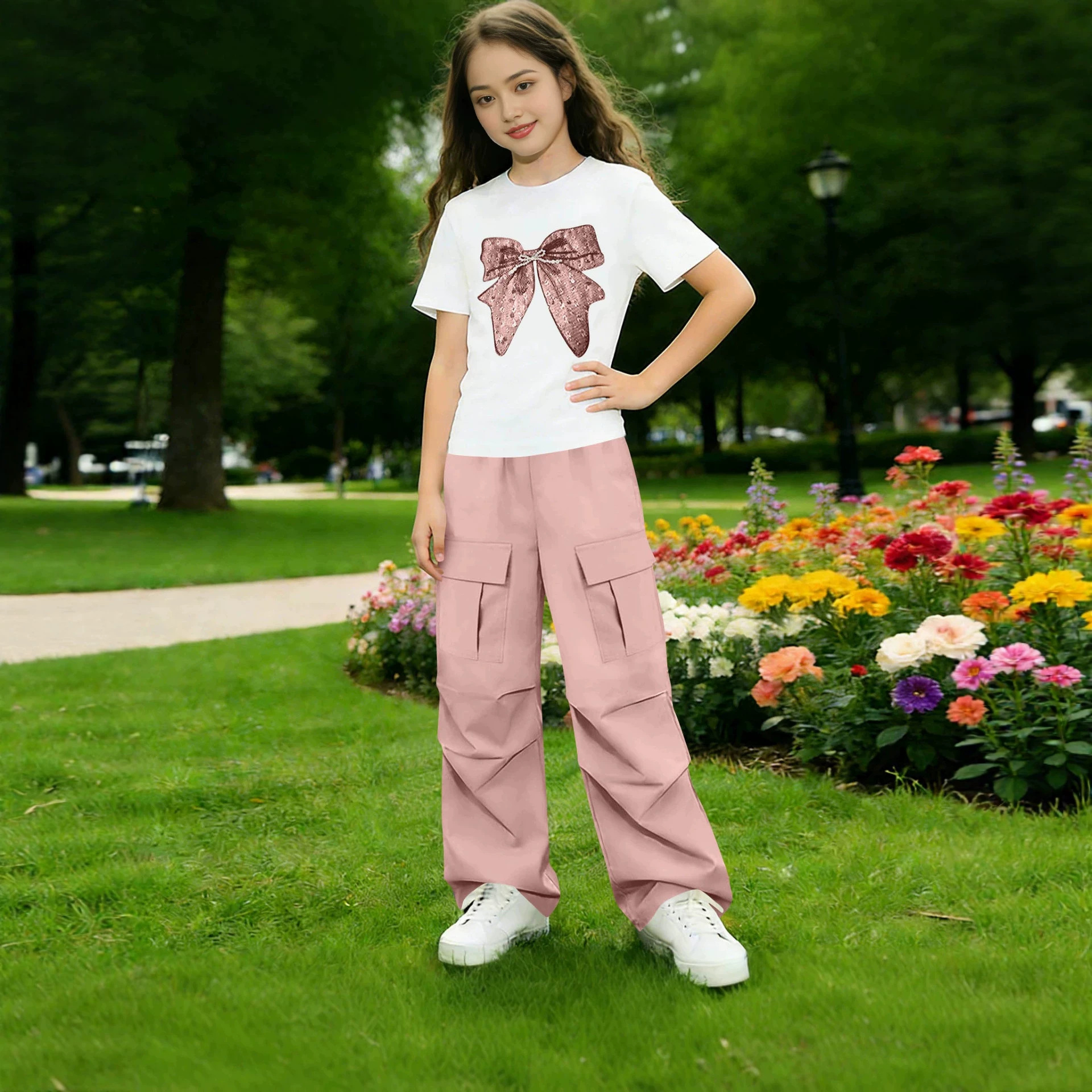 2026 Summer Cross-Border Round-Neck T-Shirt with Butterfly Patch Decoration + Loose Wide-Leg Pants Two-Piece Set Direct from Manufacturer