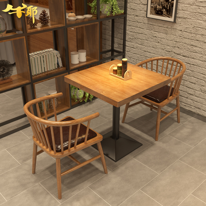 Nordic Casual Table and Two Chairs Milk Tea Shop Cafe Restaurant Two-person Dining Table Iron Solid Wood Small Square Table and Chair