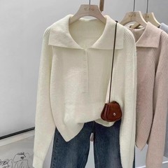 韩系慵懒风翻领毛衣女秋冬2025年新款现货跨境简约显瘦百搭针织衫