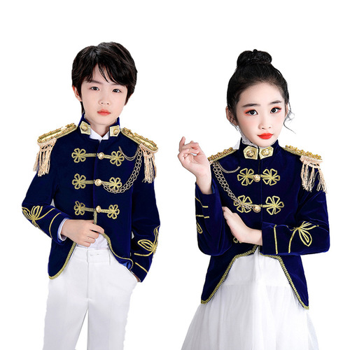 Children's velvet blue navy style boys and girls stage performance clothing catwalk drum band flag-raising military dress