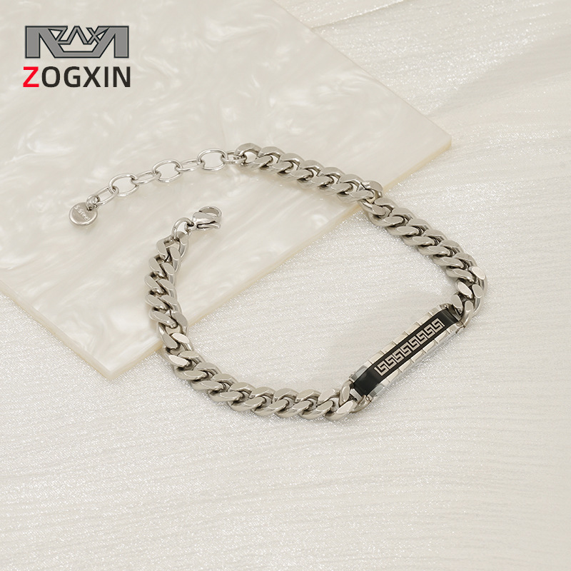 New style simple curved brand carving Great Wall pattern men's titanium steel bracelet European and American fashion Joker Cuban chain wholesale