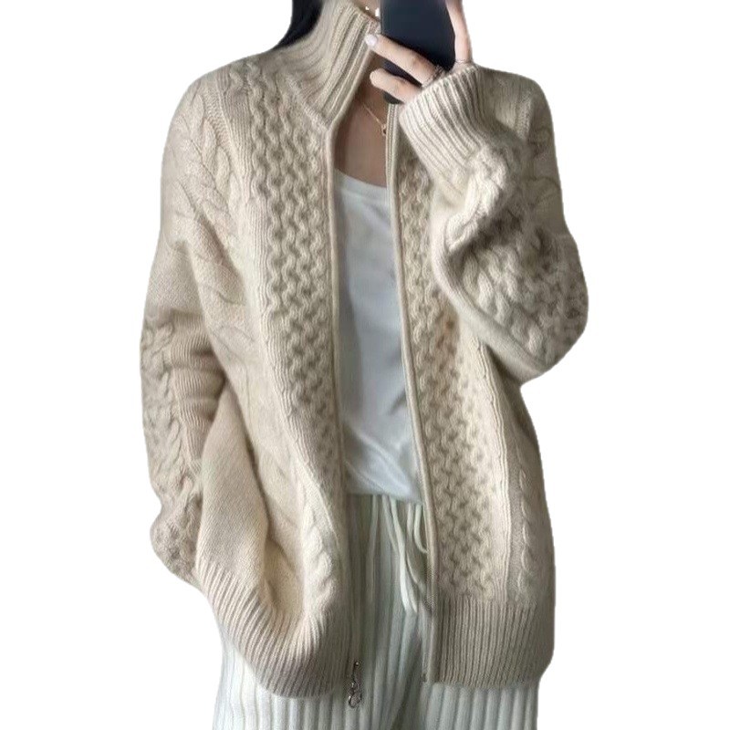 Pesado Otoño e Invierno Nueva cachemir cardigan de las mujeres 100 pura Cachemira cremallera solapa suéter punto flojo abrigo lana