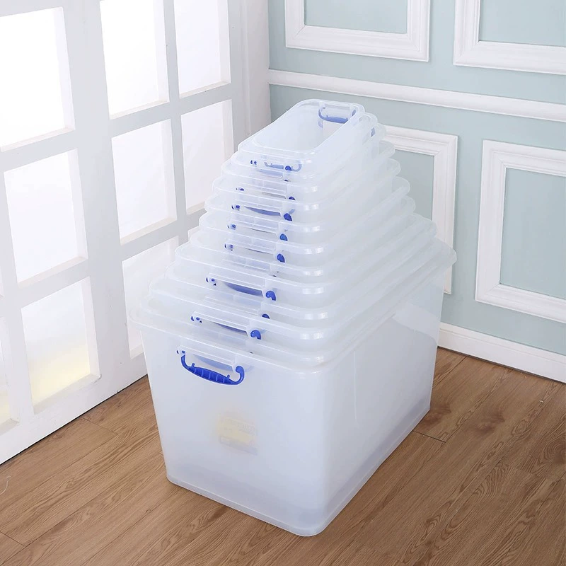 Transparent plastic storage box with lid and handles, stackable, multiple extra‑large sizes (cm)
