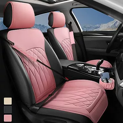 Seat cushion, seat cover — car seat cover leather universal - pink-full-set-front-double-seat-2-safety-belt-cover-1-storage-bag