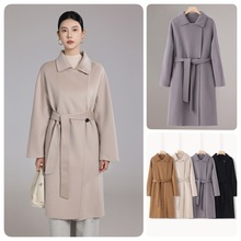 2025秋冬翻领羊绒双面呢大衣女中长款一粒扣系带毛呢羊毛外套高端