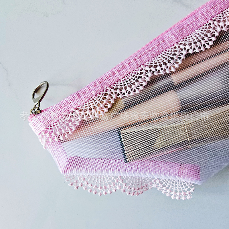 Pink Triangle Mesh Pencil Case Transparent Portable Compact Student Storage Bag INS Style Korean Trendy Fun Bag Korean Style