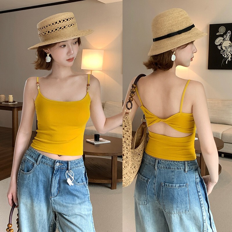 Summer Dopamine Twist-Style Beaded Design Tank Top, Simple Slim-Fit, Flattering, Beautiful Back, No Bra Needed, Camisole for Women