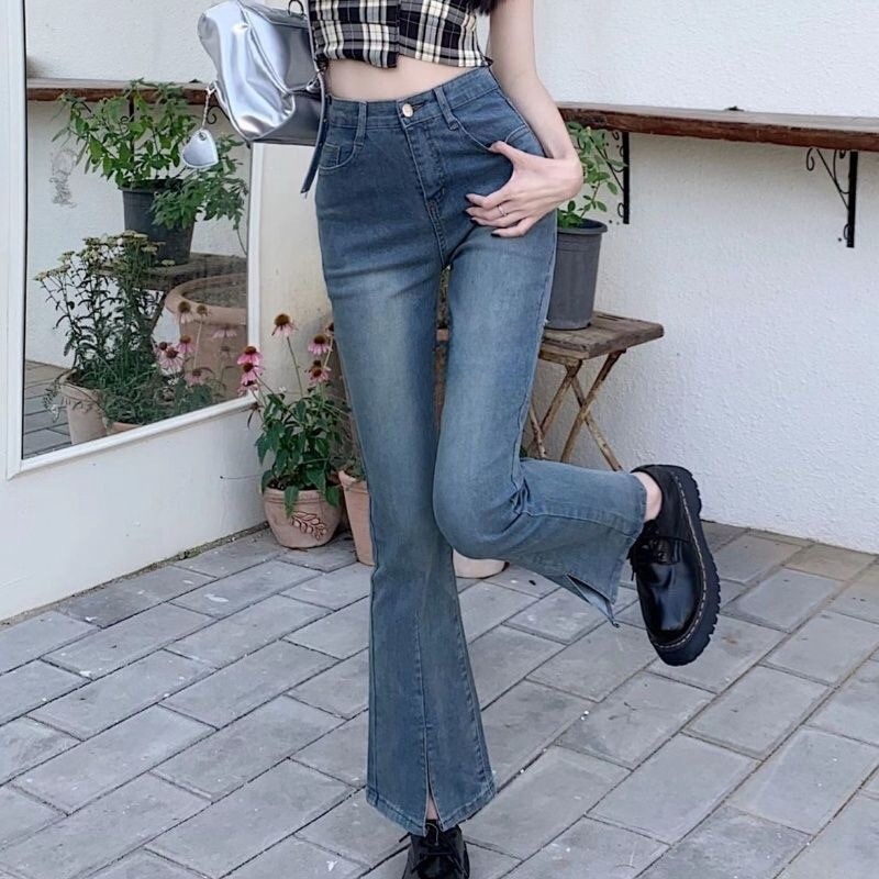 [Lightning Warehouse] Flared Design Niche Slimming Jeans for Women, Slim Fit Stretchy Cropped Pants, Trendy Brand on Instagram