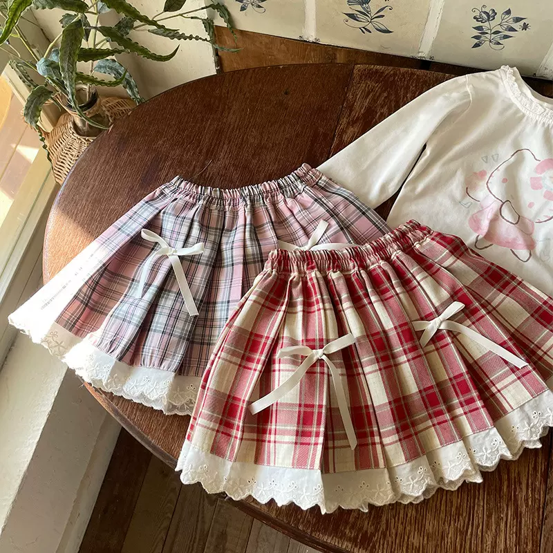 CQ259080女童半身裙2025春季新款百褶学院风中小童花边半身裙批发