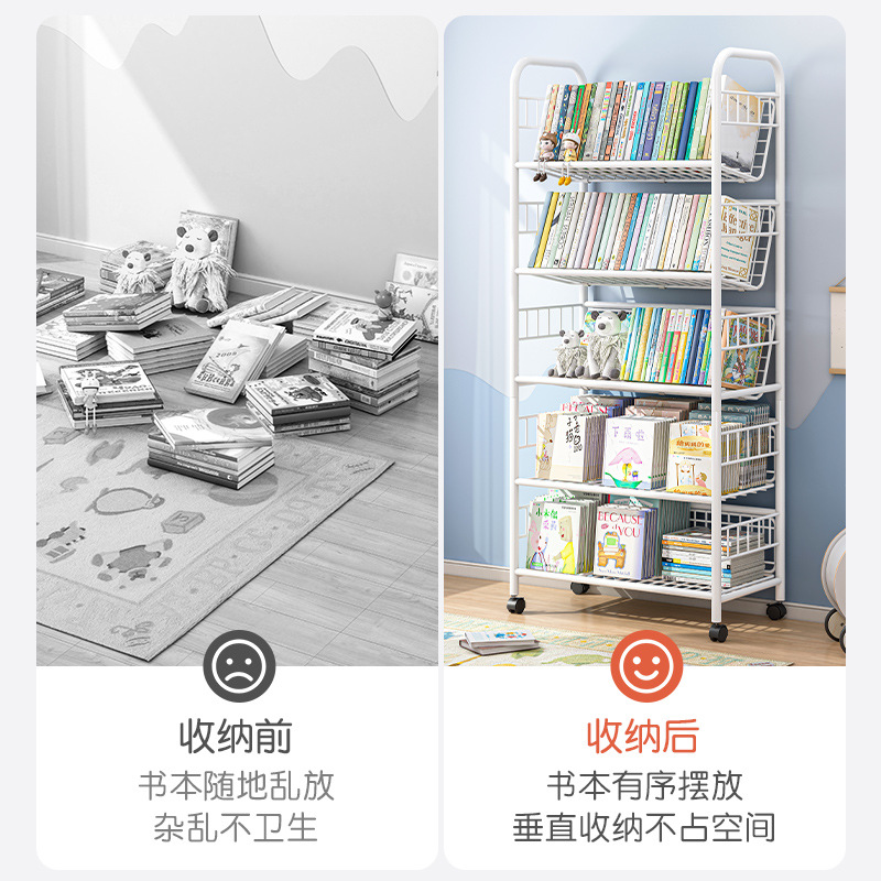 Estante de libros para niños Estante de almacenamiento de hierro forjado contra la pared Estante de almacenamiento de piso Estante de ruedas plegable móvil junto al escritorio