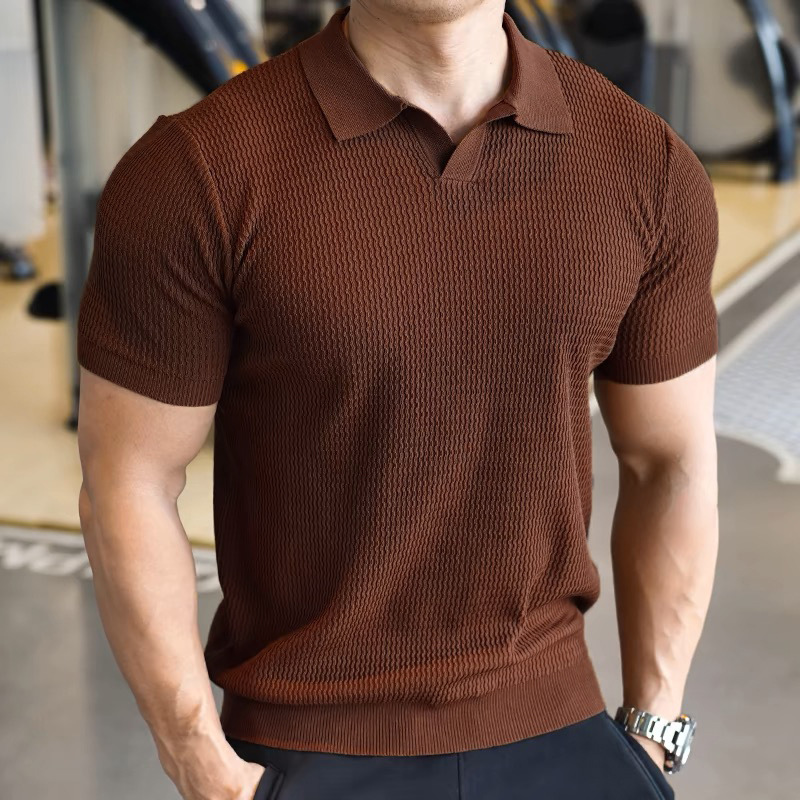 Deportes transfronterizos correr con cuello en V polo suéter de punto para hombre primavera y verano de alta densidad casual de negocios camiseta de manga corta para hombre