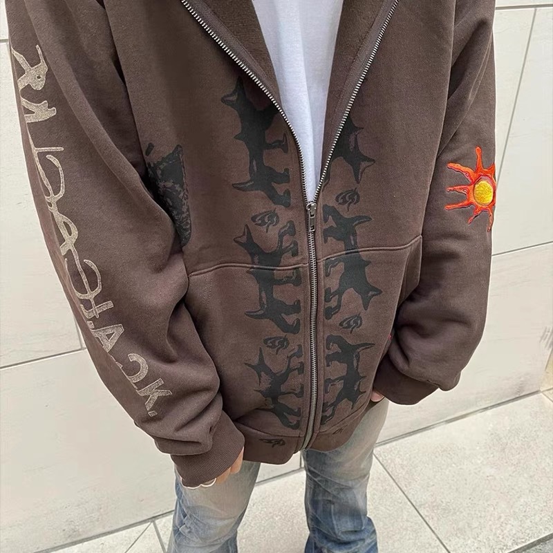 Herrenbekleidung Trendmarke Sonnenstickerei plus Samt-Kapuzenpullover für Männer und Frauen High Street Cardigan Jacke_voghion.com