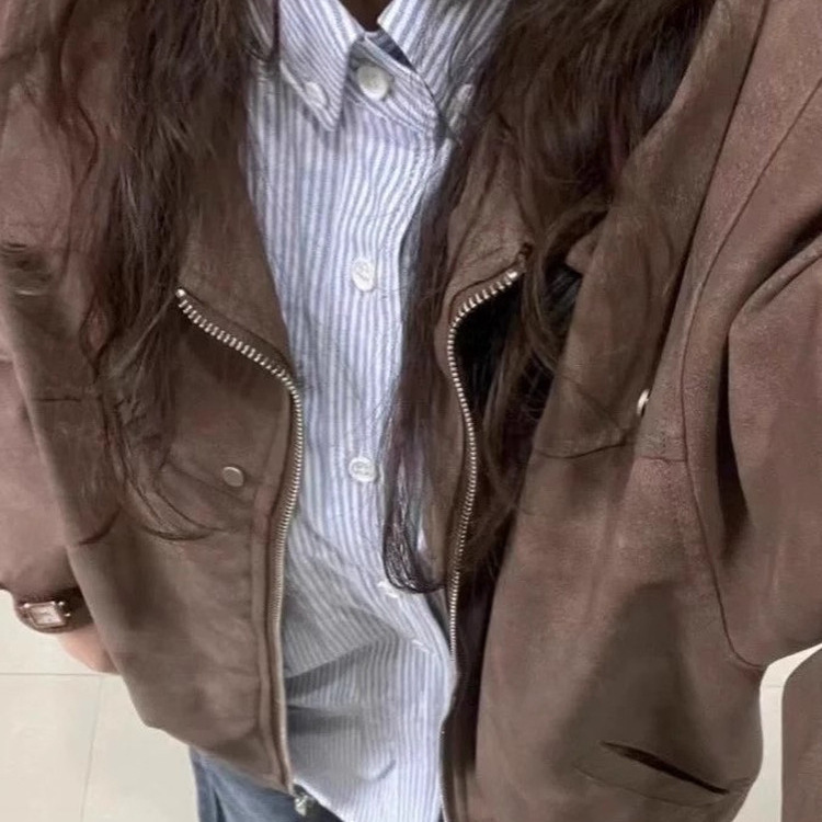 美式复古翻领皮衣外套女秋冬2025新款美拉德高级感情侣夹克棒球服|undefined