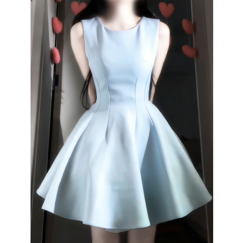 Blue A-Line Short Skirt for Women, Early Spring, Beautiful and Stylish, Waist-Cinching Birthday Dress, Sleeveless Tank Dress
