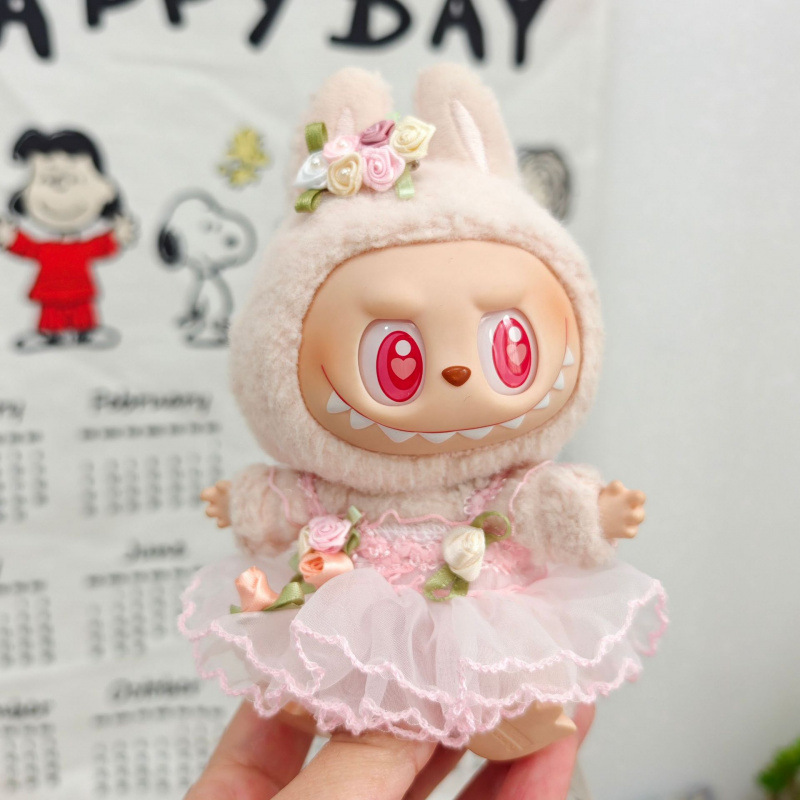 labubu娃衣拉布布衣服一二三代坐站姿珍珠缎面婚纱裙玫瑰花纱纱裙|undefined