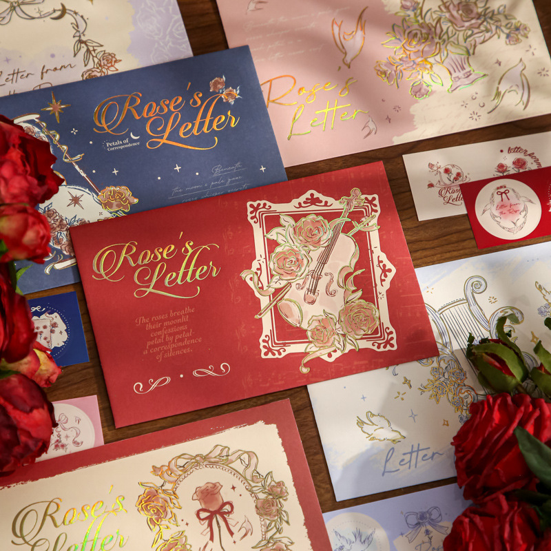 Mr. Paper Envelope with Seal Sticker Rose Letter Wishing Rose Theme Illustration Student Message Envelope Set