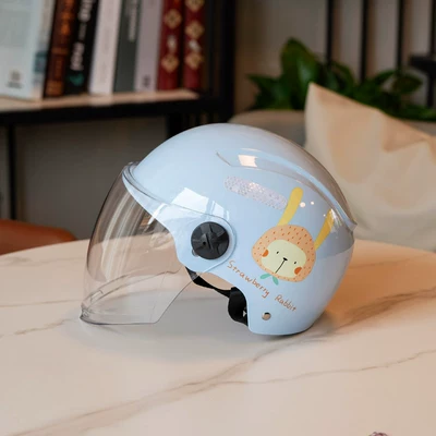Motosiklet kaskı (dəbilqə), Certified Electric Vehicle Helmet, Cute Female - 802-blue-strawberry-rabbit-transparent-long-mirror-3c-certification-one-size