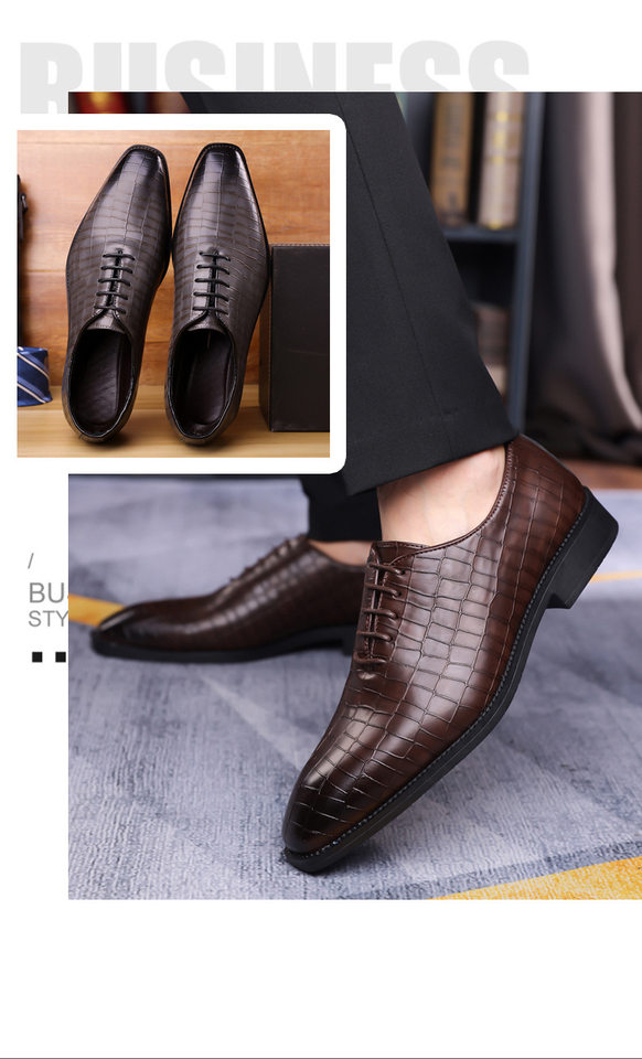 Giày da nam công sở buộc dây vân da rắn, mũi nhọn, cổ thấp, đế cao su êm chân — Giày một lớp màu xanh lam, Giày một lớp màu xám, Giày một lớp màu đen, Giày một lớp màu đỏ chi tiết 6