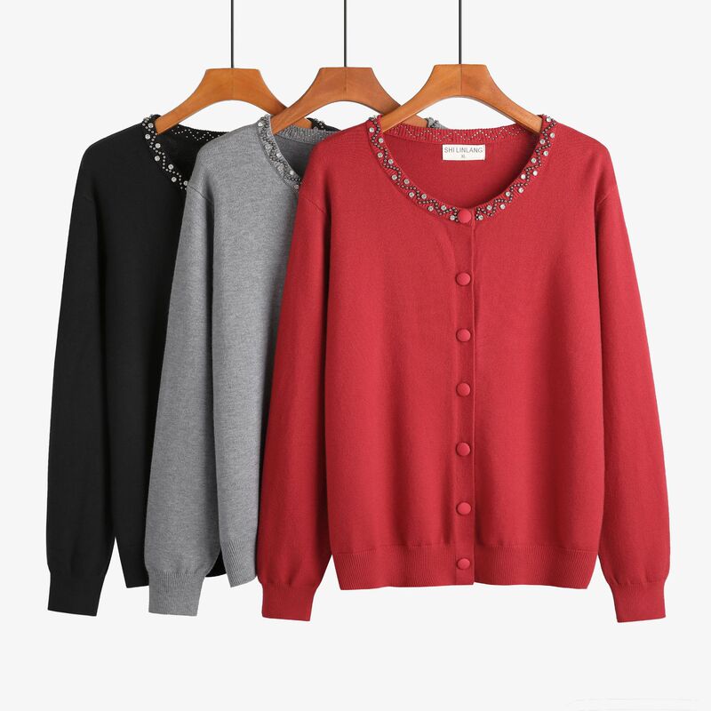 French Knit Sweater Women's Cardigan Heavy-duty Beaded Round Neck All-match Top Extra Large Size Thickened Top for Autumn and Winter