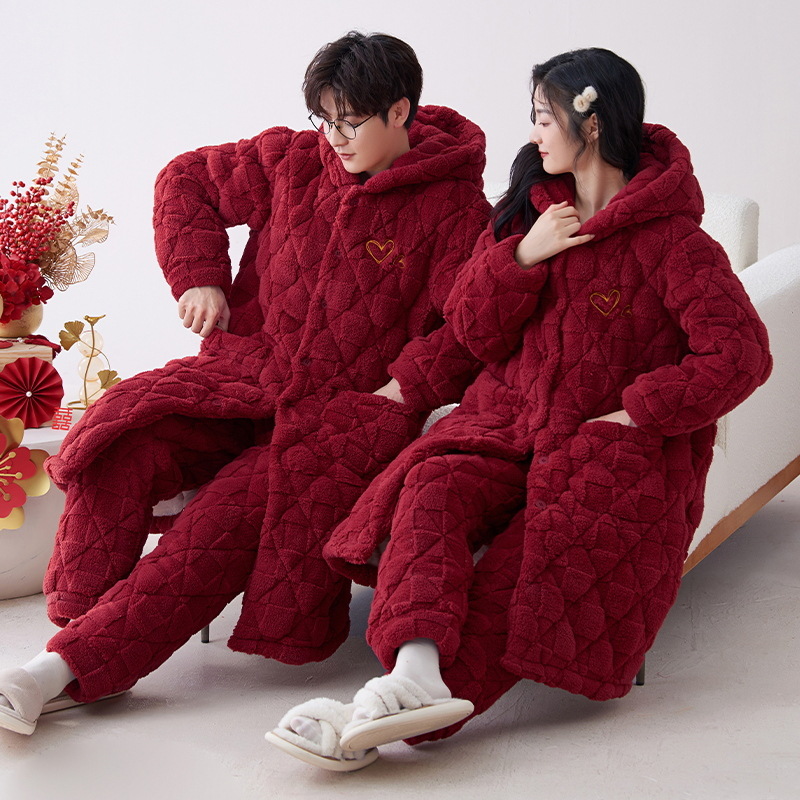 Pijamas de pareja invierno coral polar camisón de invierno acolchado de tres capas pijamas de boda traje de pareja
