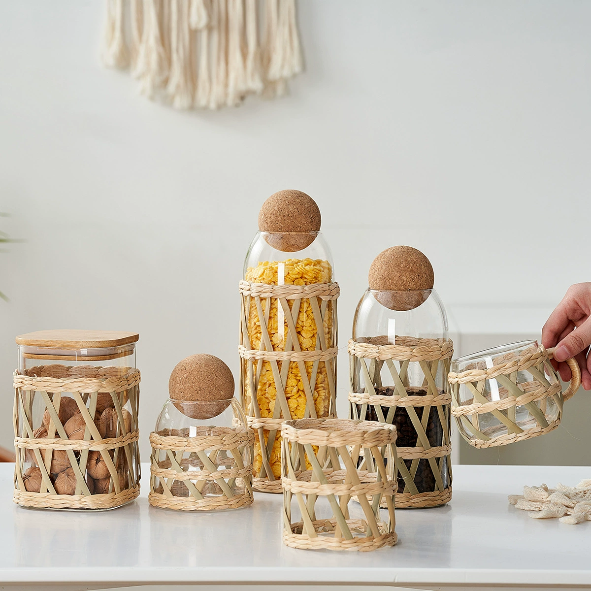 Трансграничный ретро плетеный набор бутылок из соломенной бутылки ручной вязки стеклянный стакан противотарядный стаканчик с ручкой стеклянная бутылка защитная сетчатая крышка